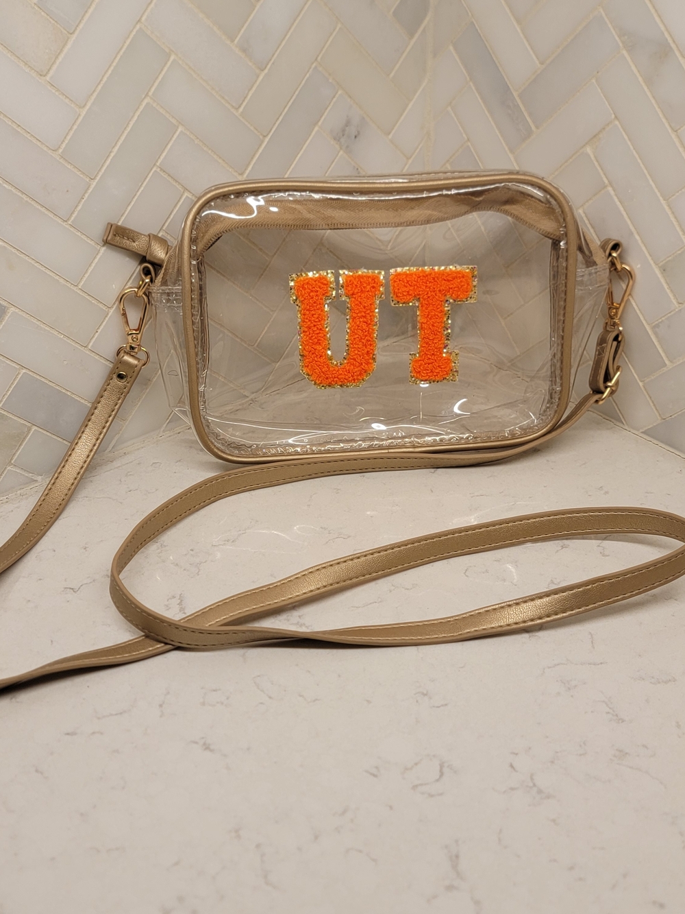 Clear Crossbody Bag with Orange 'UT' Patch - Gold Trim